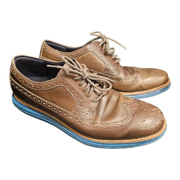 COLE HAAN Lunargrand Taupe Leather Wingtip Oxfords - Size 9 1/2 - Picture 1 of 10